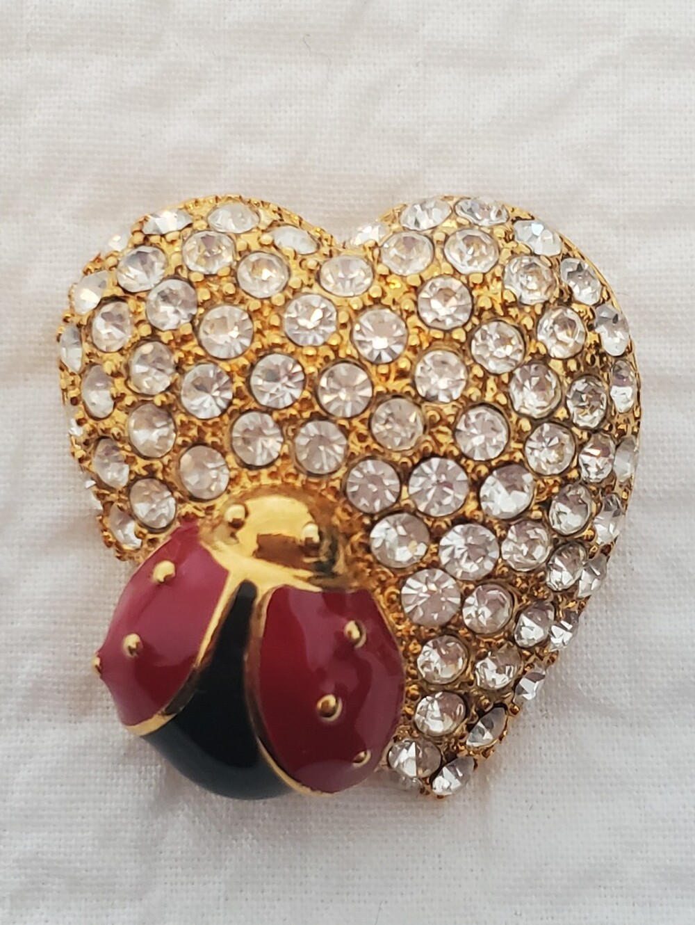 Monet Vintage Gold-tone Crystal Heart Pin with Red Ladybug Accent